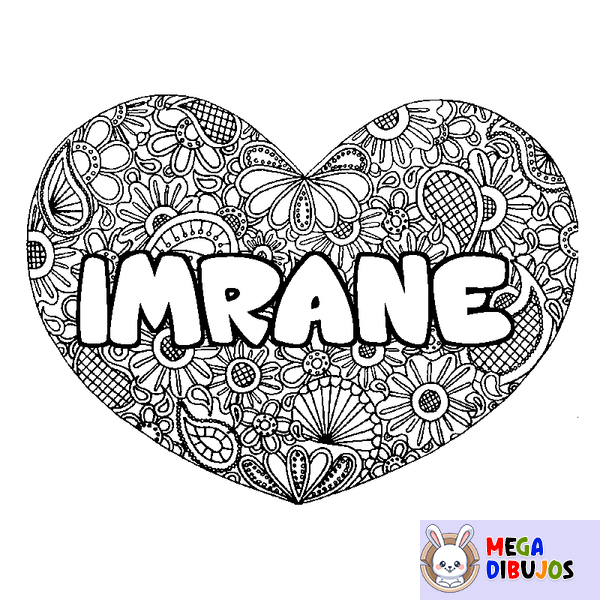 Coloraci&oacute;n del nombre IMRANE - decorado mandala de coraz&oacute;n