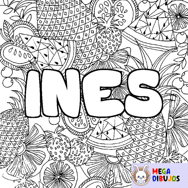 Coloraci&oacute;n del nombre INES - decorado mandala de frutas