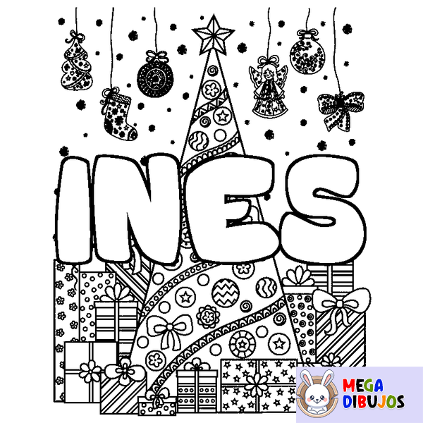 Coloraci&oacute;n del nombre INES - decorado &aacute;rbol de Navidad y regalos