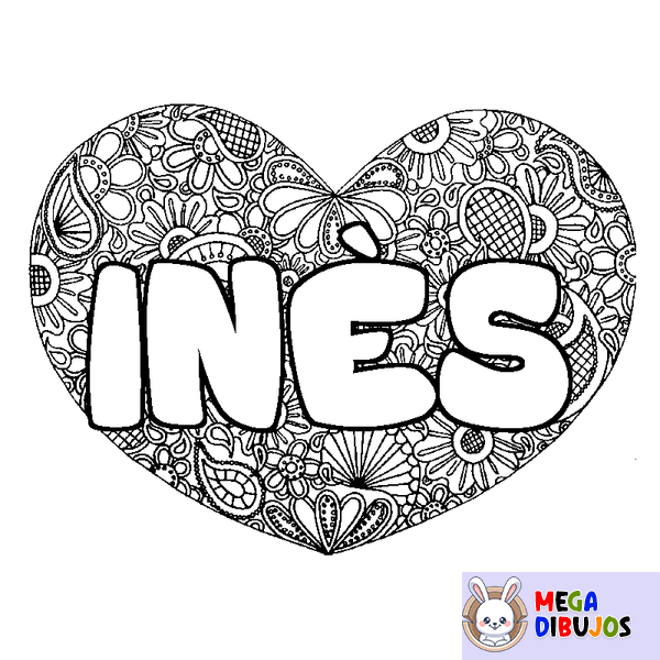 Coloraci&oacute;n del nombre IN&Egrave;S - decorado mandala de coraz&oacute;n