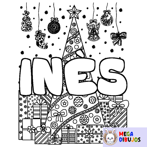Coloraci&oacute;n del nombre IN&Egrave;S - decorado &aacute;rbol de Navidad y regalos