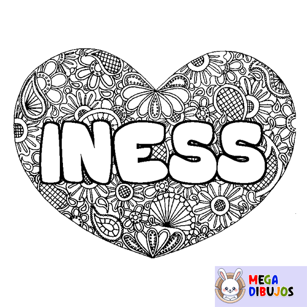 Coloraci&oacute;n del nombre INESS - decorado mandala de coraz&oacute;n