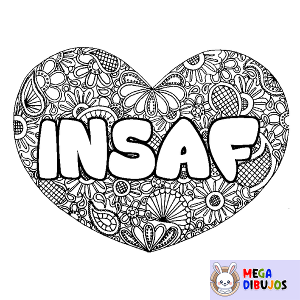 Coloraci&oacute;n del nombre INSAF - decorado mandala de coraz&oacute;n