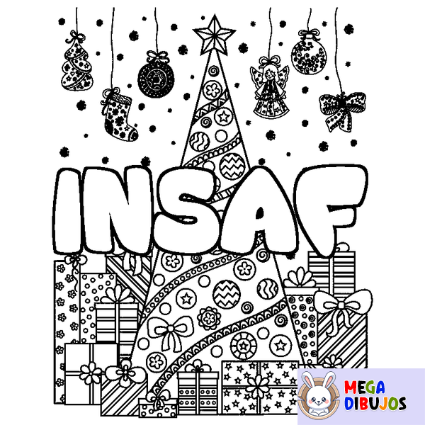 Coloraci&oacute;n del nombre INSAF - decorado &aacute;rbol de Navidad y regalos