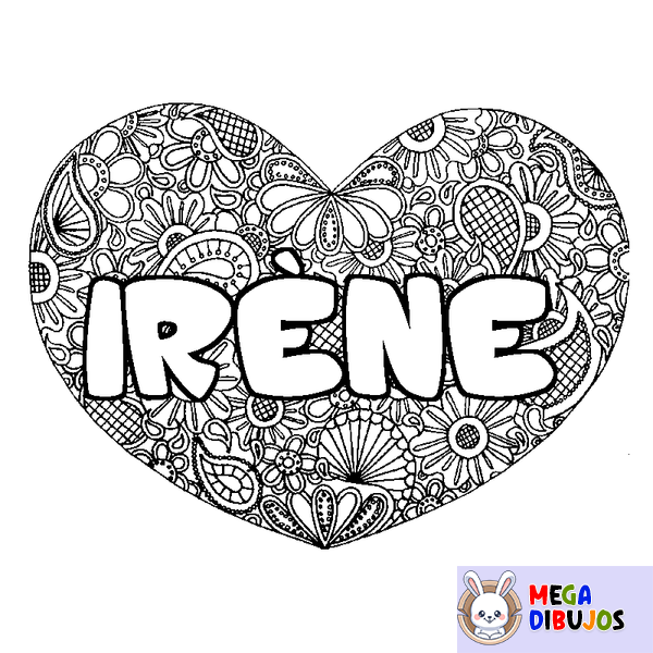 Coloraci&oacute;n del nombre IR&Egrave;NE - decorado mandala de coraz&oacute;n