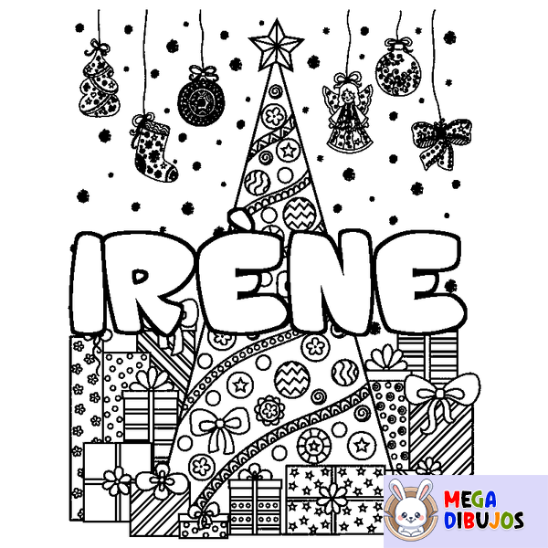 Coloraci&oacute;n del nombre IR&Egrave;NE - decorado &aacute;rbol de Navidad y regalos