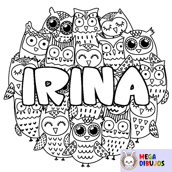 Coloraci&oacute;n del nombre IRINA - decorado b&uacute;hos