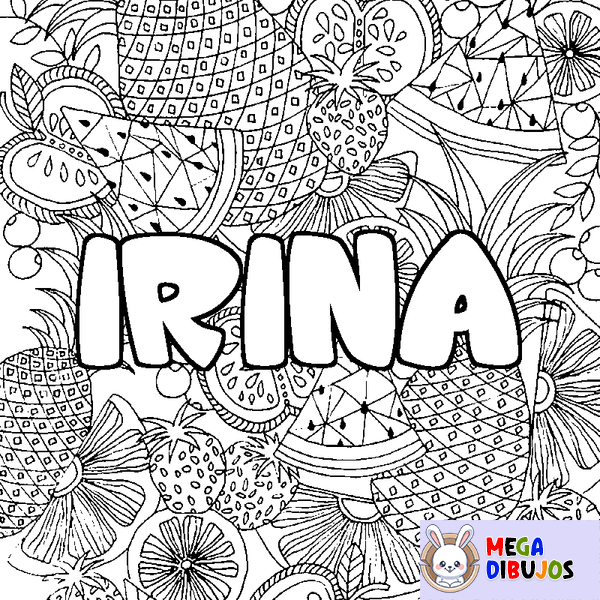Coloraci&oacute;n del nombre IRINA - decorado mandala de frutas