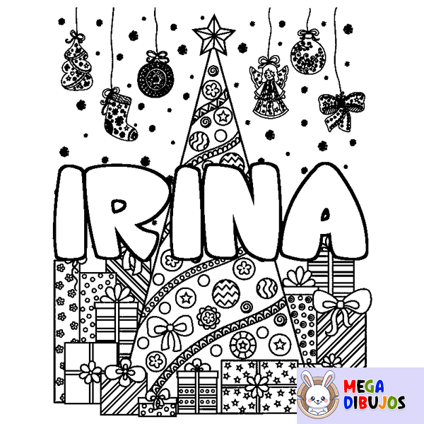Coloraci&oacute;n del nombre IRINA - decorado &aacute;rbol de Navidad y regalos