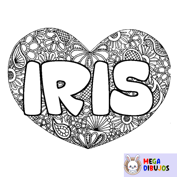 Coloraci&oacute;n del nombre IRIS - decorado mandala de coraz&oacute;n