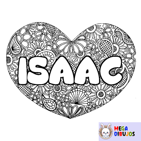 Coloraci&oacute;n del nombre ISAAC - decorado mandala de coraz&oacute;n