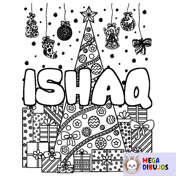 Coloraci&oacute;n del nombre ISHAQ - decorado &aacute;rbol de Navidad y regalos