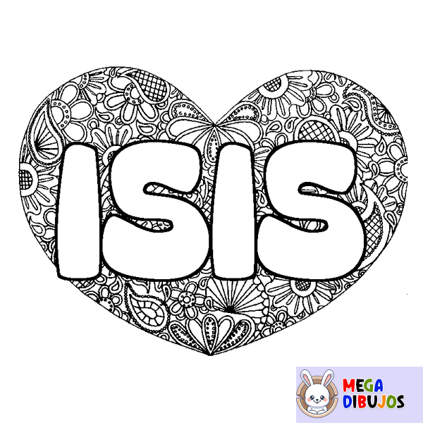 Coloraci&oacute;n del nombre ISIS - decorado mandala de coraz&oacute;n