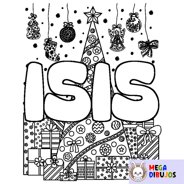 Coloraci&oacute;n del nombre ISIS - decorado &aacute;rbol de Navidad y regalos