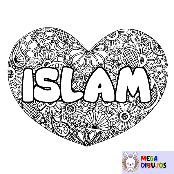 Coloraci&oacute;n del nombre ISLAM - decorado mandala de coraz&oacute;n