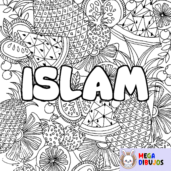 Coloraci&oacute;n del nombre ISLAM - decorado mandala de frutas