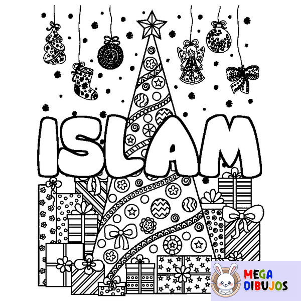 Coloraci&oacute;n del nombre ISLAM - decorado &aacute;rbol de Navidad y regalos
