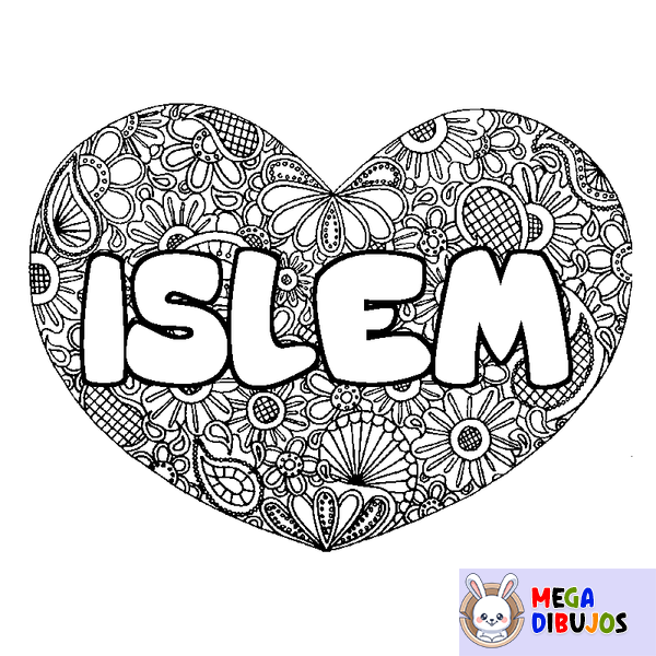 Coloraci&oacute;n del nombre ISLEM - decorado mandala de coraz&oacute;n
