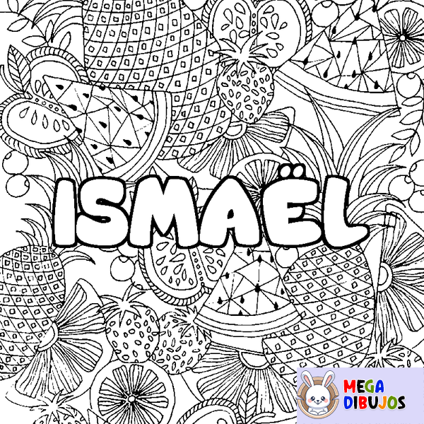 Coloraci&oacute;n del nombre ISMA&Euml;L - decorado mandala de frutas