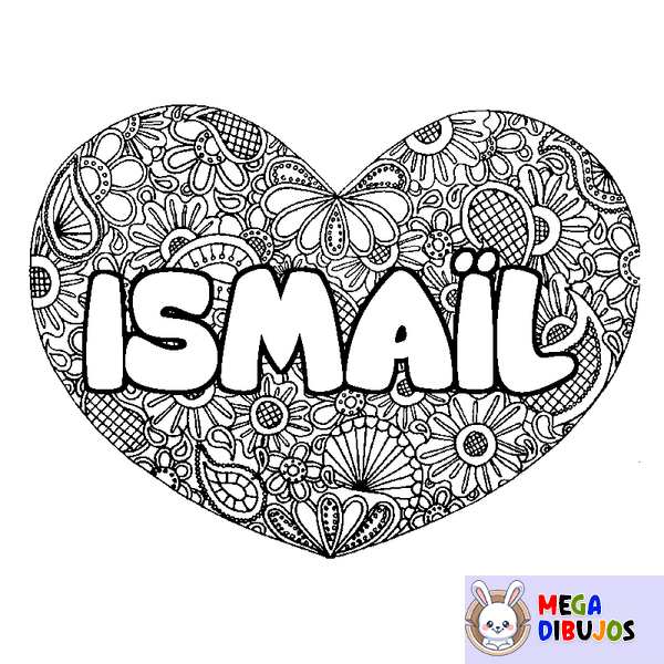 Coloraci&oacute;n del nombre ISMA&Iuml;L - decorado mandala de coraz&oacute;n