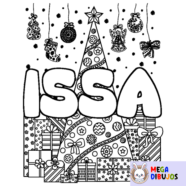 Coloraci&oacute;n del nombre ISSA - decorado &aacute;rbol de Navidad y regalos