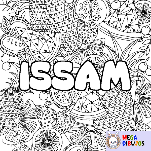 Coloraci&oacute;n del nombre ISSAM - decorado mandala de frutas