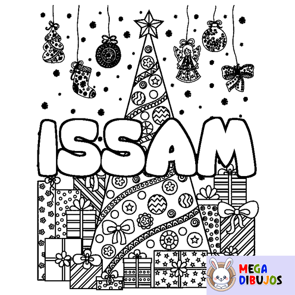 Coloraci&oacute;n del nombre ISSAM - decorado &aacute;rbol de Navidad y regalos