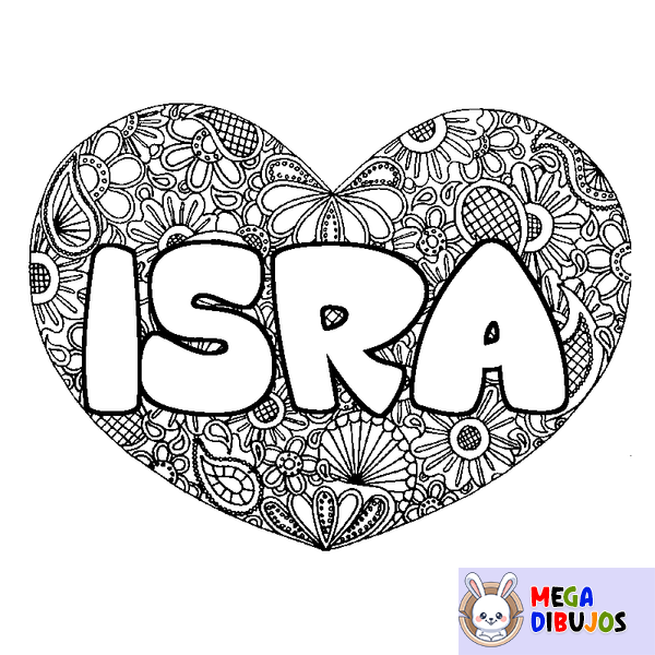 Coloraci&oacute;n del nombre ISRA - decorado mandala de coraz&oacute;n