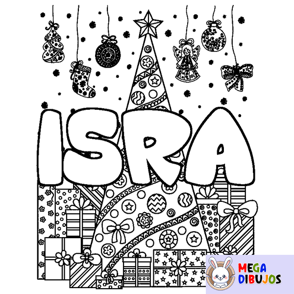 Coloraci&oacute;n del nombre ISRA - decorado &aacute;rbol de Navidad y regalos