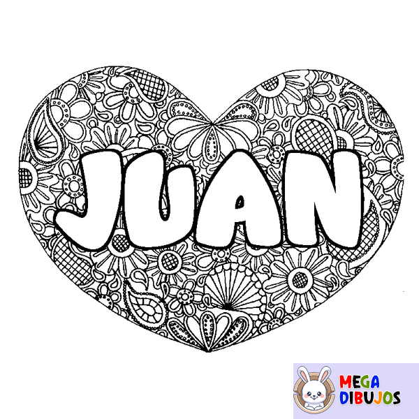 Coloraci&oacute;n del nombre JUAN - decorado mandala de coraz&oacute;n