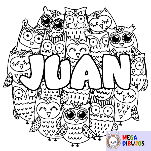 Coloraci&oacute;n del nombre JUAN - decorado b&uacute;hos