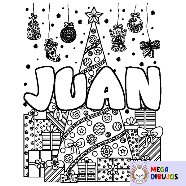 Coloraci&oacute;n del nombre JUAN - decorado &aacute;rbol de Navidad y regalos