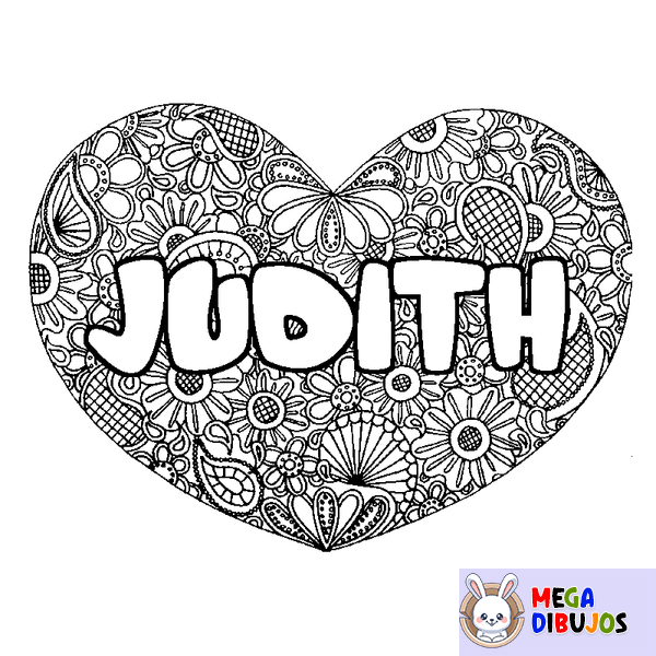 Coloraci&oacute;n del nombre JUDITH - decorado mandala de coraz&oacute;n