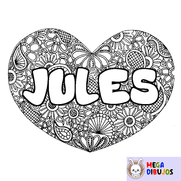 Coloraci&oacute;n del nombre JULES - decorado mandala de coraz&oacute;n