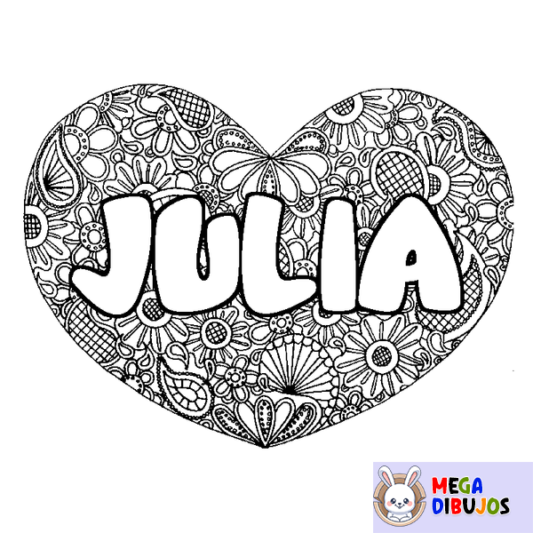 Coloraci&oacute;n del nombre JULIA - decorado mandala de coraz&oacute;n