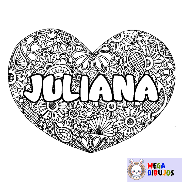 Coloraci&oacute;n del nombre JULIANA - decorado mandala de coraz&oacute;n