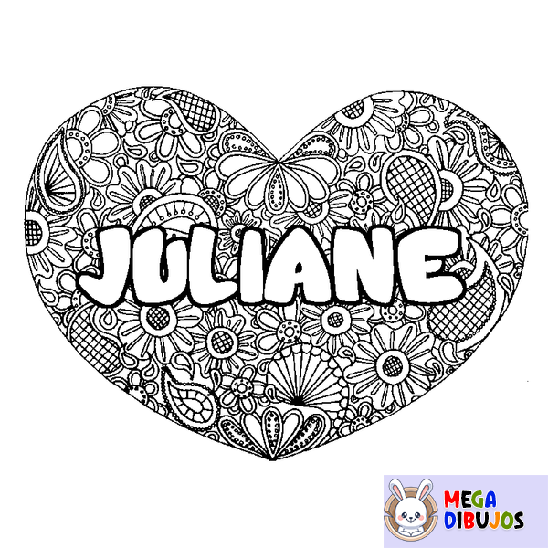 Coloraci&oacute;n del nombre JULIANE - decorado mandala de coraz&oacute;n