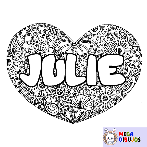 Coloraci&oacute;n del nombre JULIE - decorado mandala de coraz&oacute;n