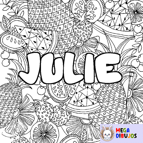 Coloraci&oacute;n del nombre JULIE - decorado mandala de frutas
