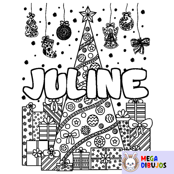 Coloraci&oacute;n del nombre JULINE - decorado &aacute;rbol de Navidad y regalos
