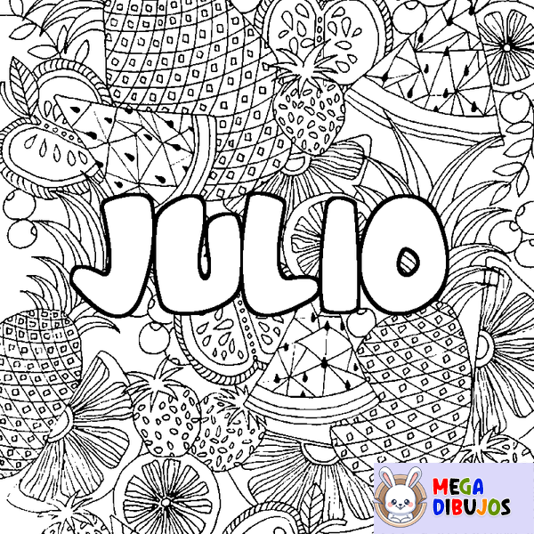 Coloraci&oacute;n del nombre JULIO - decorado mandala de frutas