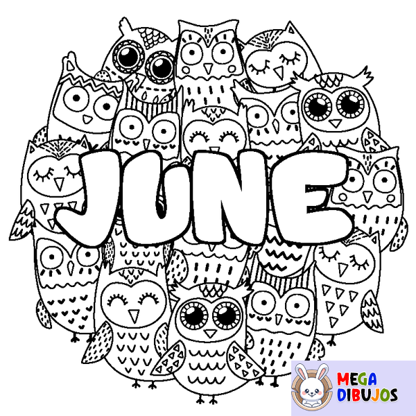 Coloraci&oacute;n del nombre JUNE - decorado b&uacute;hos