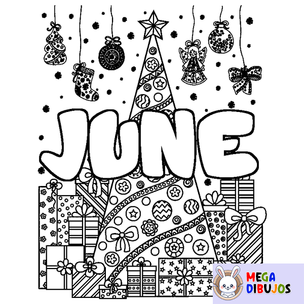Coloraci&oacute;n del nombre JUNE - decorado &aacute;rbol de Navidad y regalos