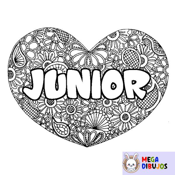 Coloraci&oacute;n del nombre JUNIOR - decorado mandala de coraz&oacute;n