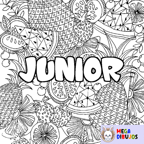 Coloraci&oacute;n del nombre JUNIOR - decorado mandala de frutas