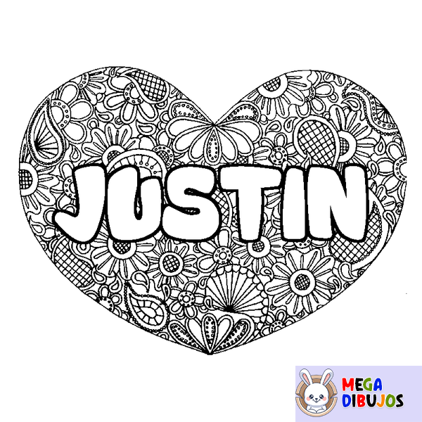 Coloraci&oacute;n del nombre JUSTIN - decorado mandala de coraz&oacute;n
