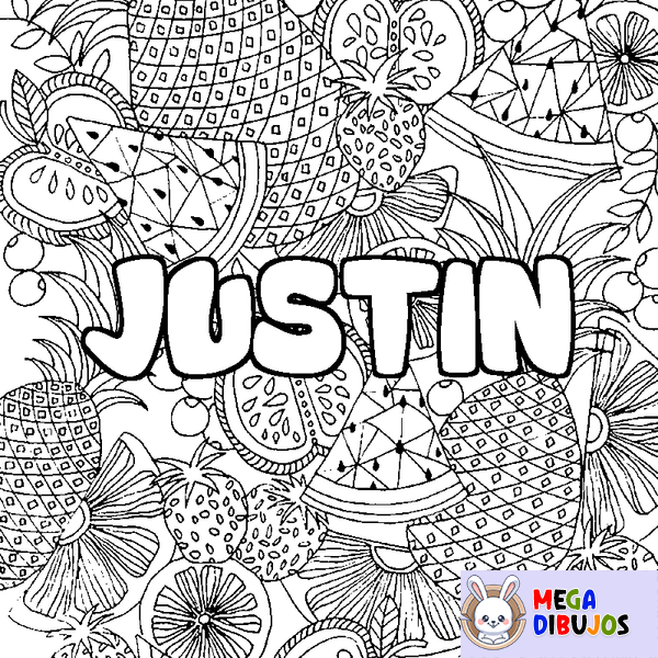 Coloraci&oacute;n del nombre JUSTIN - decorado mandala de frutas