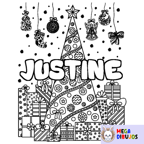 Coloraci&oacute;n del nombre JUSTINE - decorado &aacute;rbol de Navidad y regalos