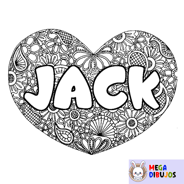 Coloraci&oacute;n del nombre JACK - decorado mandala de coraz&oacute;n