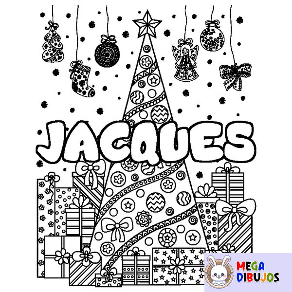 Coloraci&oacute;n del nombre JACQUES - decorado &aacute;rbol de Navidad y regalos